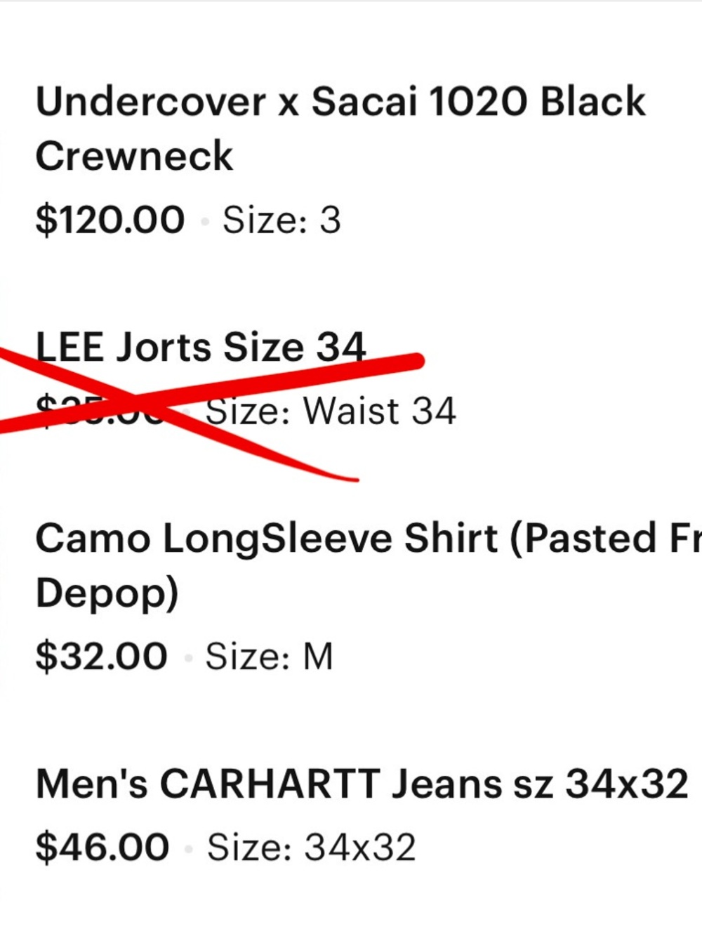 BUNDLE FOR JJOMR UNDERCOVER CREWNECK, CARHART JEANS, LONGSLEEVE REALTREE SHIRT